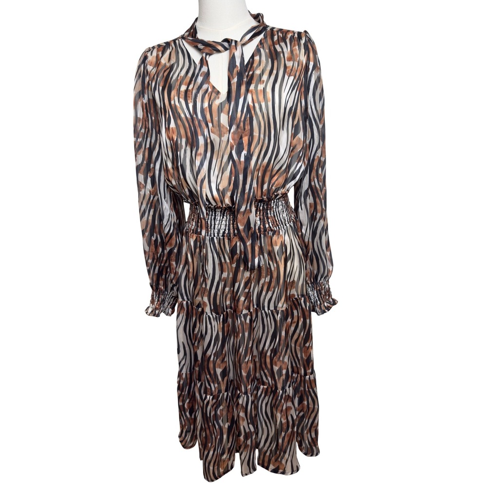 Jade Melody Tam Women Animal Print Smocked Waist Tiered Midi Dress Brown Small